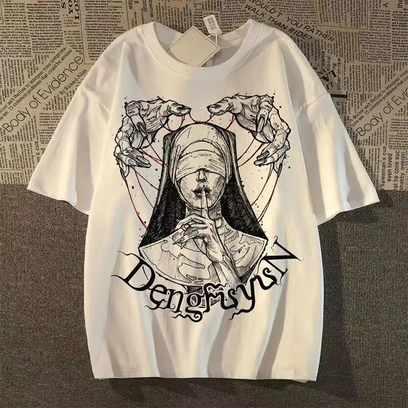 Oversized Vintage Figure Graphic Cotton T-Shirt with Gothic Streetwear Artwork