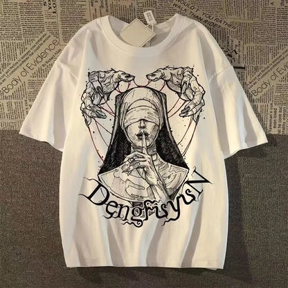 Oversized Vintage Figure Graphic Cotton T-Shirt with Gothic Streetwear Artwork