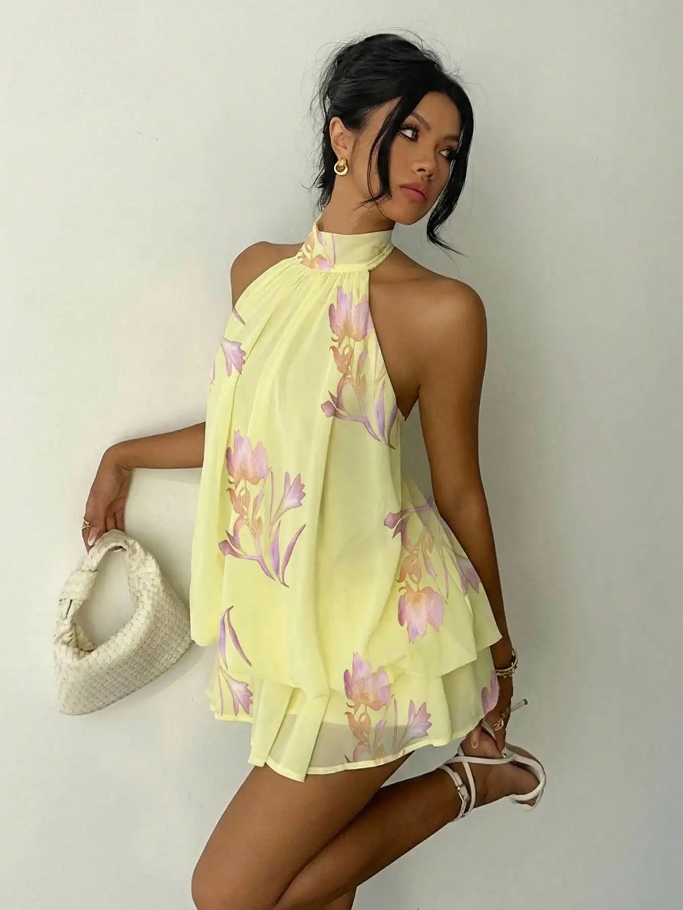 Ruched Halter Neck Tiered Mini Dress With Flowy A-Line Party Silhouette