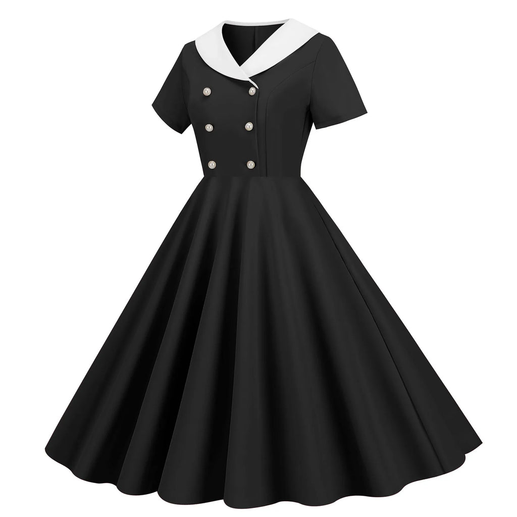 Vintage-Inspired Yellow Swing Dress with Contrast Collar and Decorative Buttons