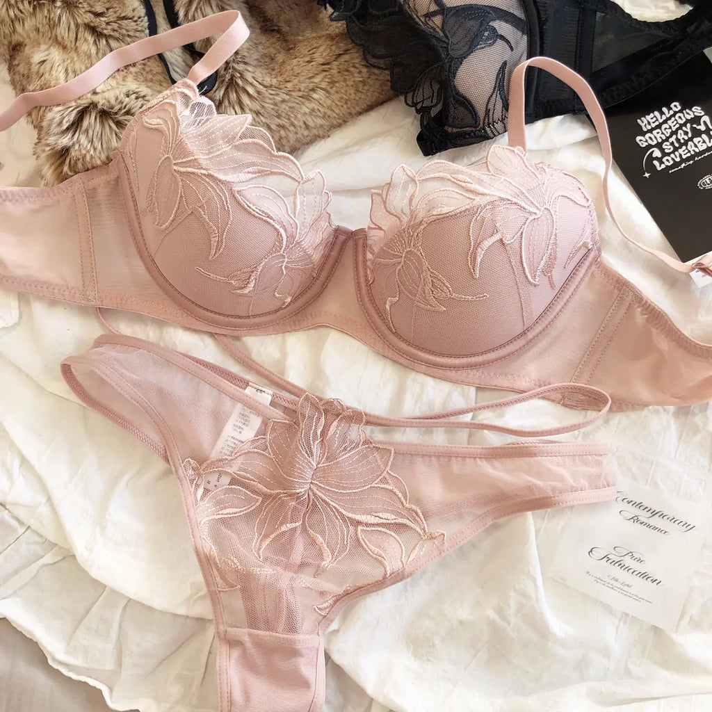 Elegant Botanical Embroidery Plunge Bra and Sheer Thong Set