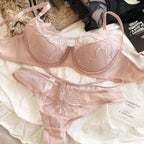 Elegant Botanical Embroidery Plunge Bra and Sheer Thong Set