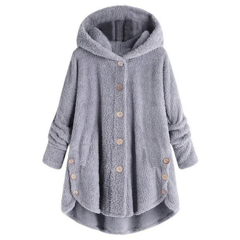 Women's Plush Hooded Teddy Fleece Coat with Button Front for Cozy Winter Layering