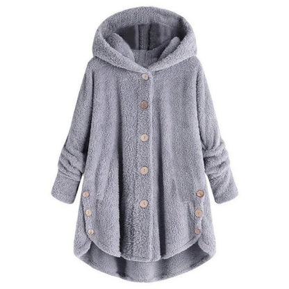 Women's Plush Hooded Teddy Fleece Coat with Button Front for Cozy Winter Layering