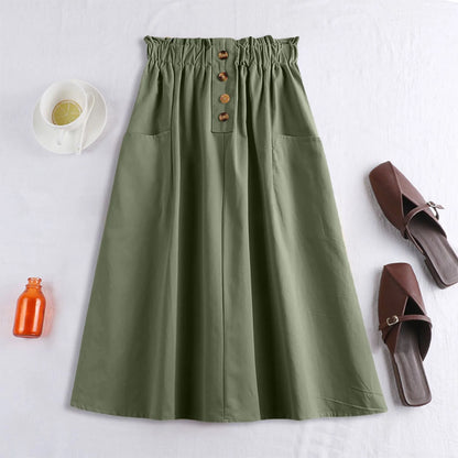 Elastic Waist A-Line Midi Skirt with Functional Side Pockets