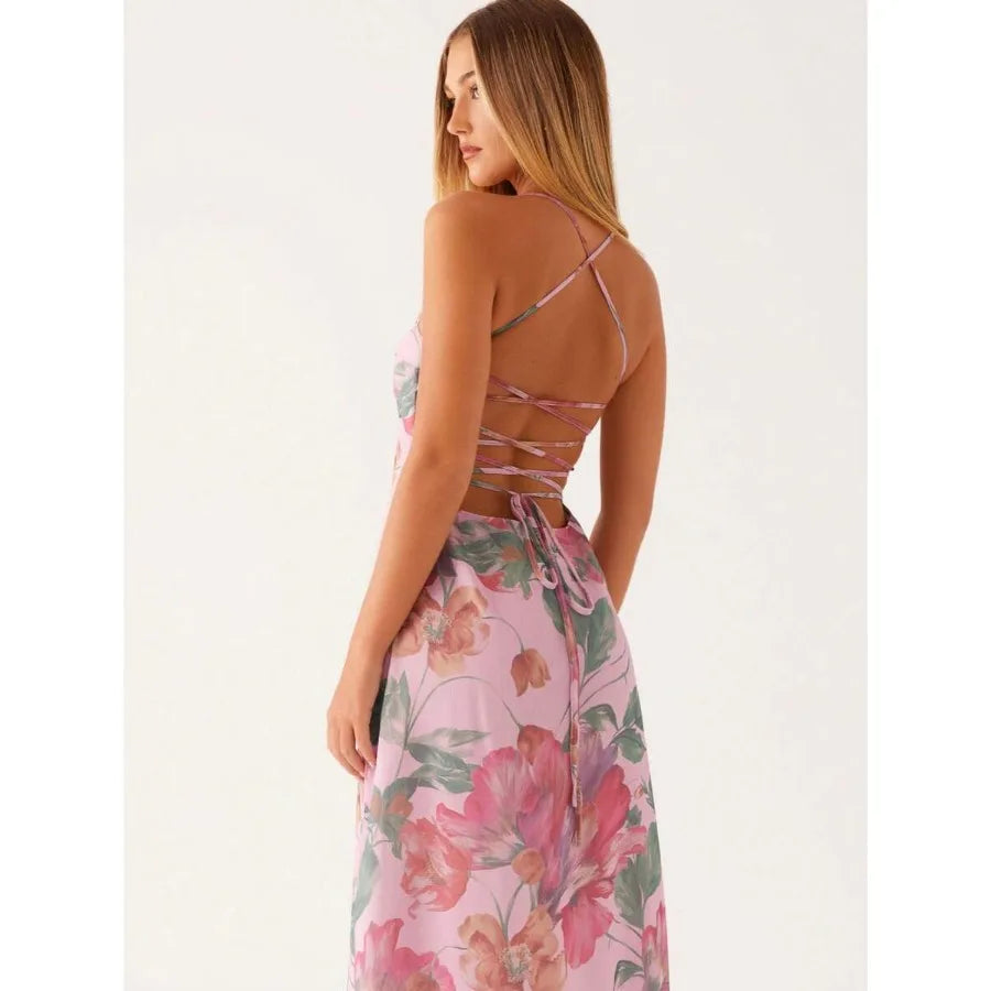 Floral Print Cami Maxi Dress With Straight Neck Silhouette