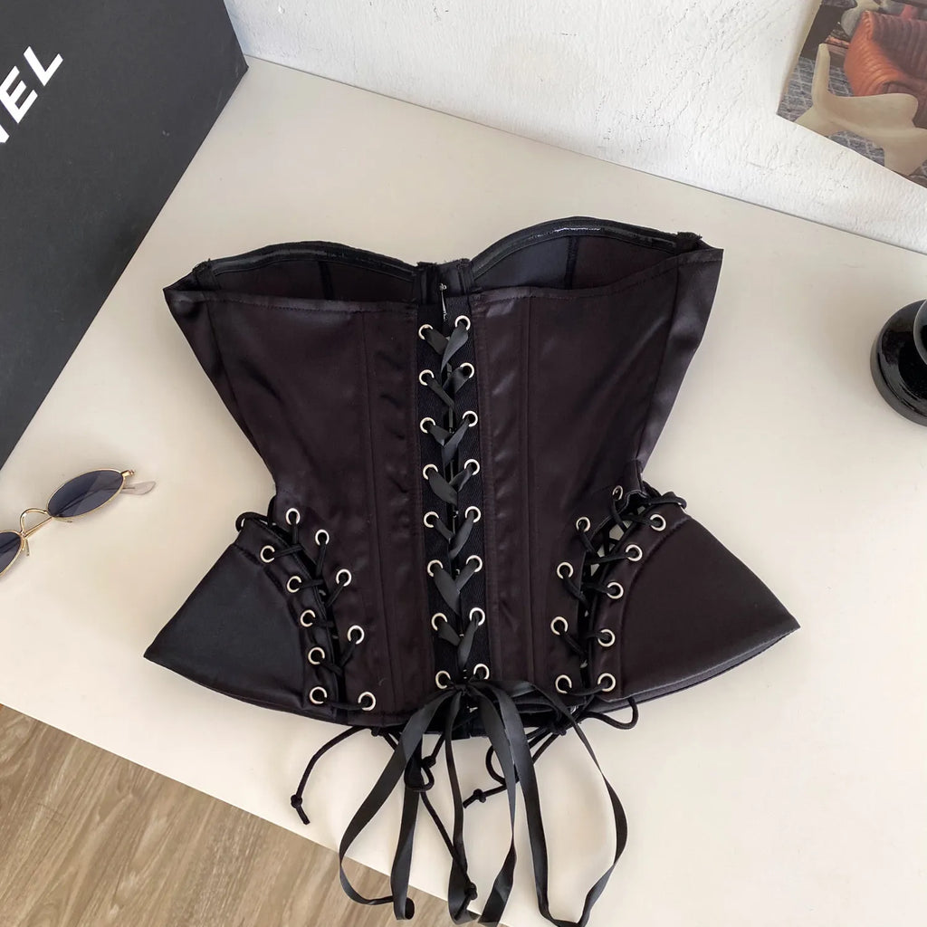 Black Strapless Mixed-Media Bustier Top with Front Hook Closure and Lace-Up Accents