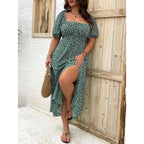 Square Neck Puff Sleeve Front Tie Floral Midi Dress for Boho Summer Style