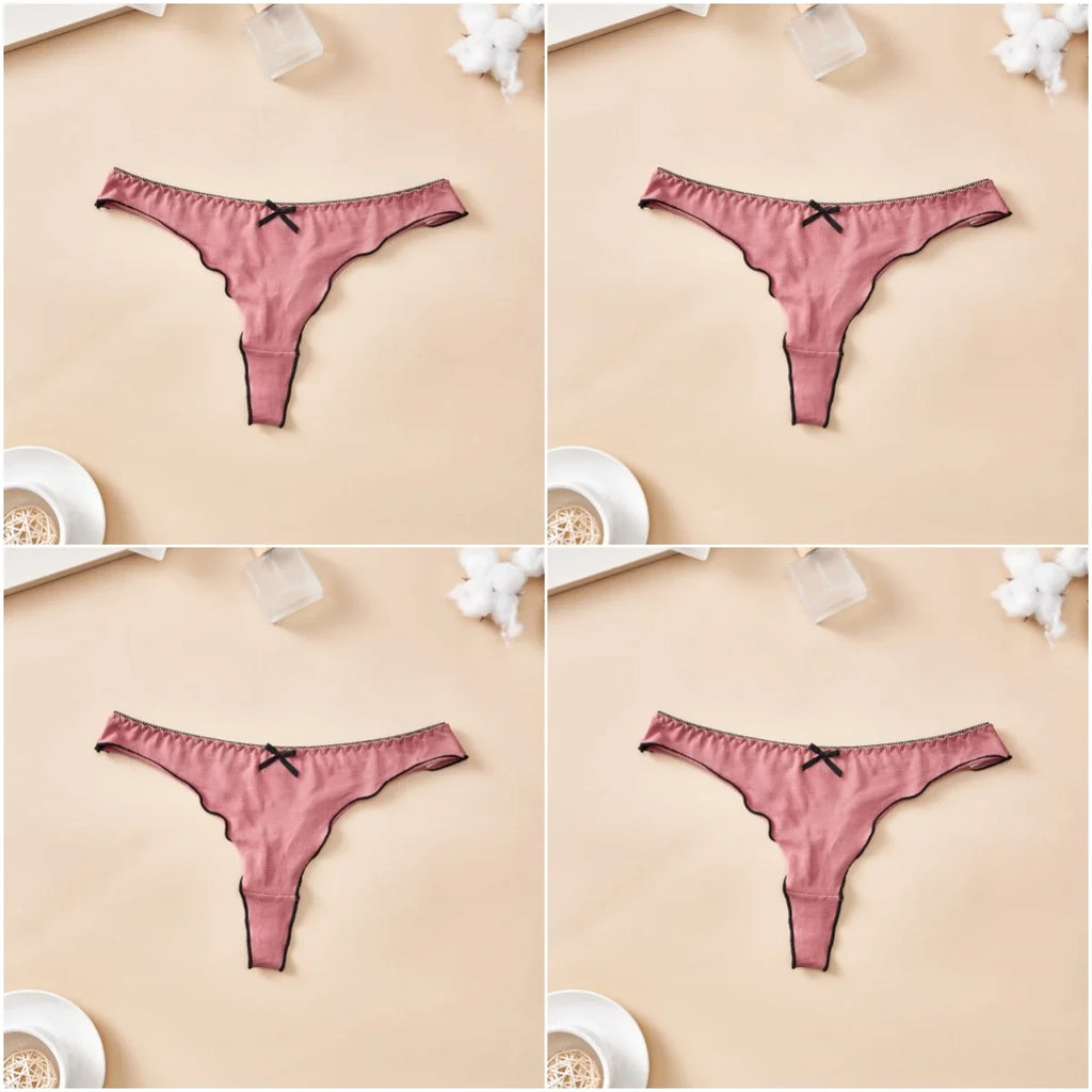 4-Piece Women’s Cotton Low-Rise Thong Panties Set with T-Back Silhouette, Decorative Bow Detail and Assorted Solid Colors