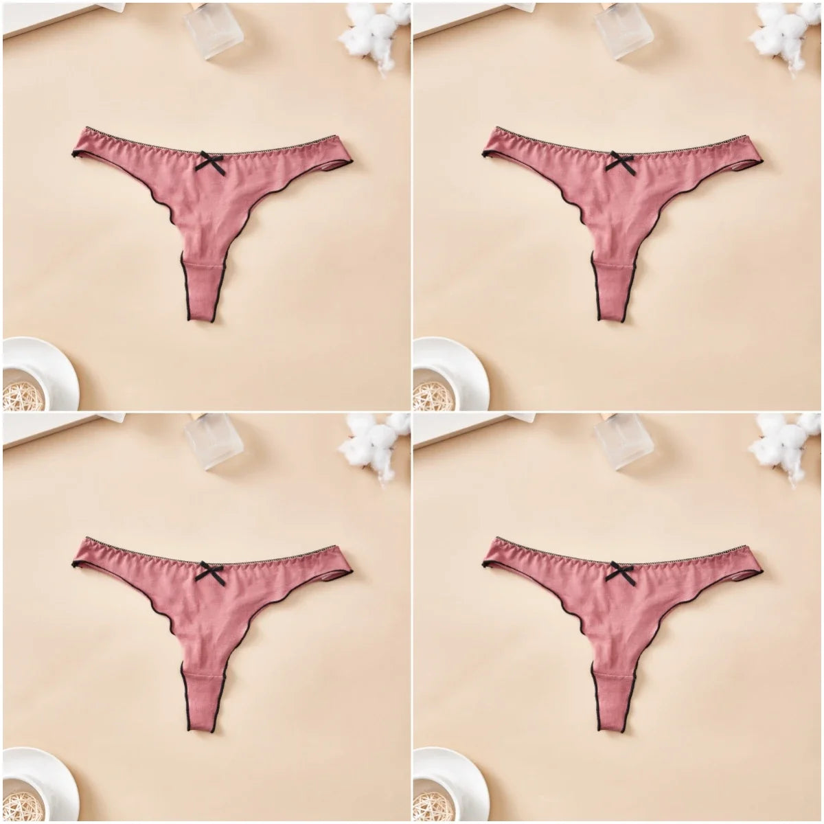 4-Piece Women’s Cotton Low-Rise Thong Panties Set with T-Back Silhouette, Decorative Bow Detail and Assorted Solid Colors
