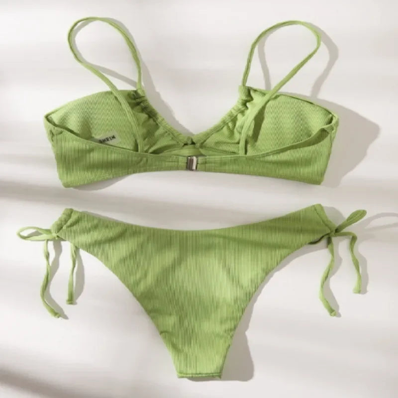 Ribbed Light Green Bralette Bikini with Center Tie Detail