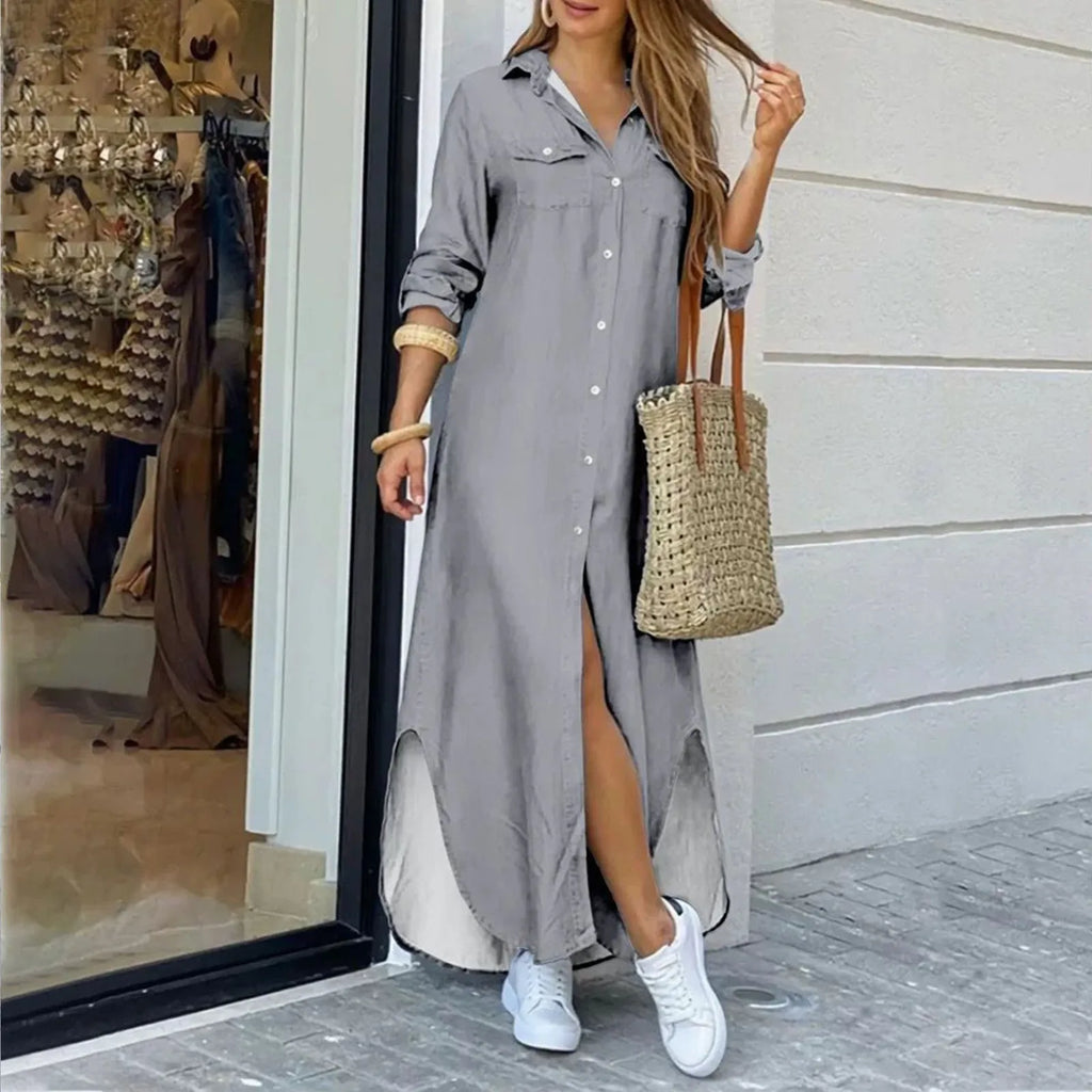 Button Front Shirt Maxi Dress with Relaxed Side Slit Styling