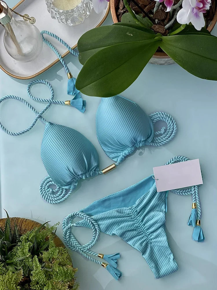 Soft Periwinkle Triangle Bikini Set with Two-Tone Twisted Rope and Tassel Details