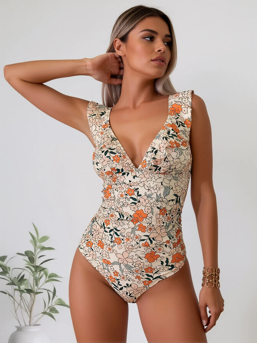 Floral One-Piece Swimsuit with V-Neckline, Ruffle Sleeves and Feminine Shaping-Inspired Beachwear Silhouette