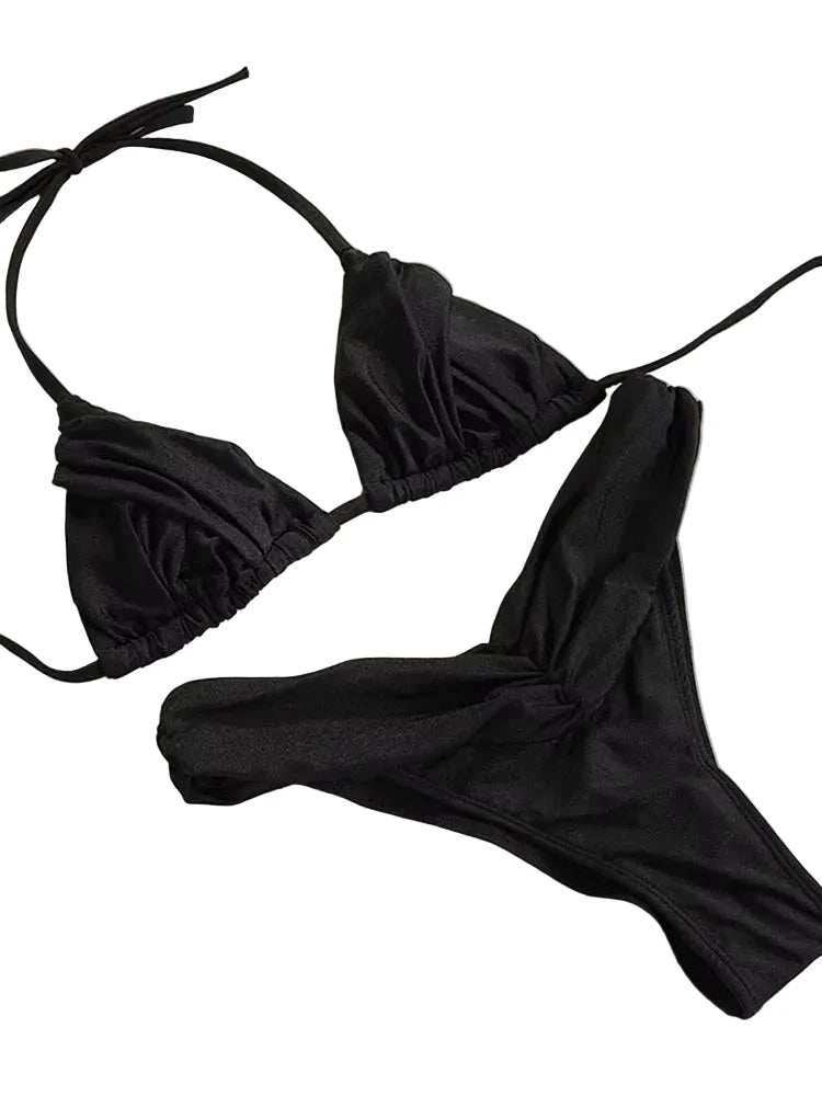 Solid Black Ruched Triangle String Bikini with Gathered Detailing