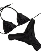 Solid Black Ruched Triangle String Bikini with Gathered Detailing