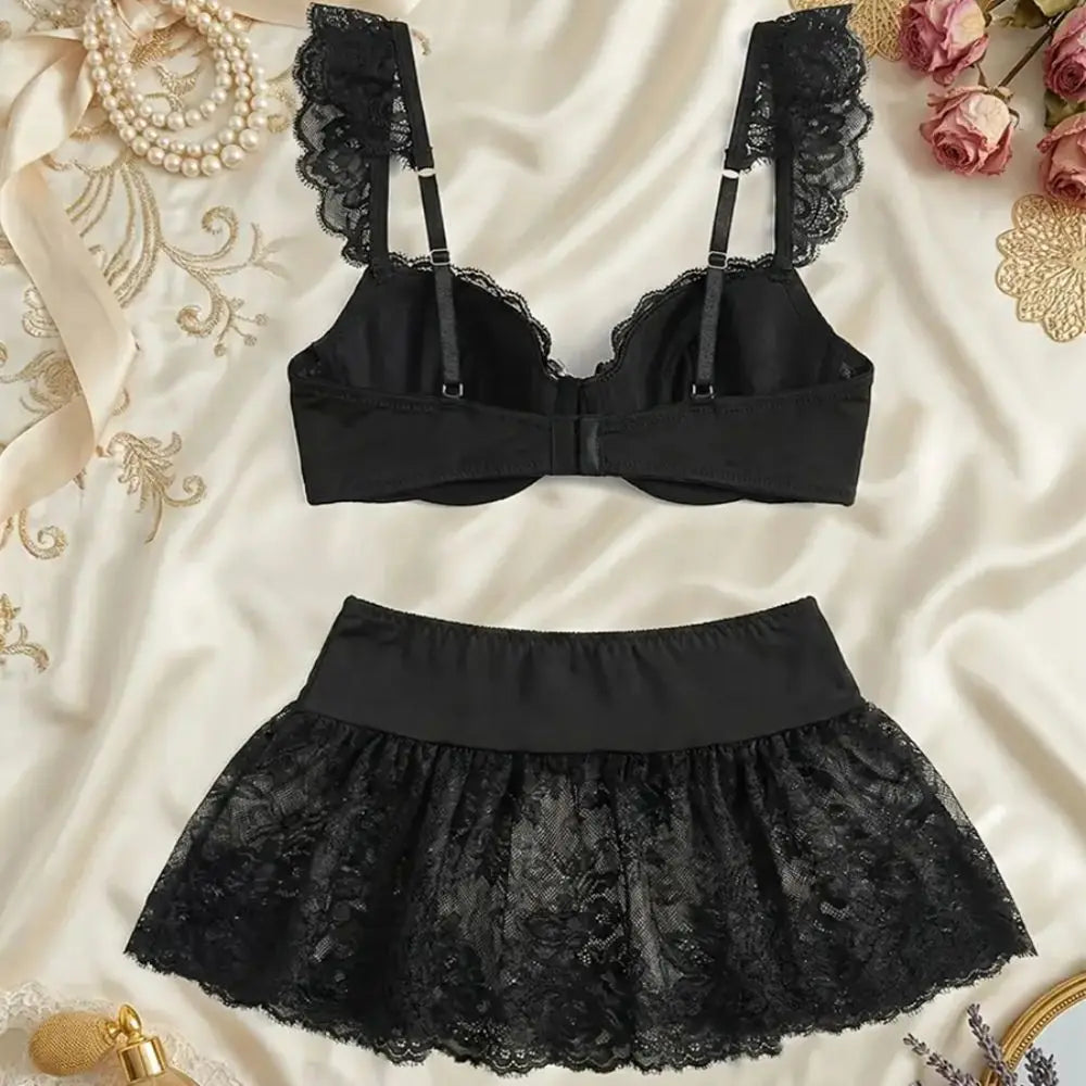 Playful Ruffled Black Lace Bralette and Mini Skirt Set with Contrast White Bows