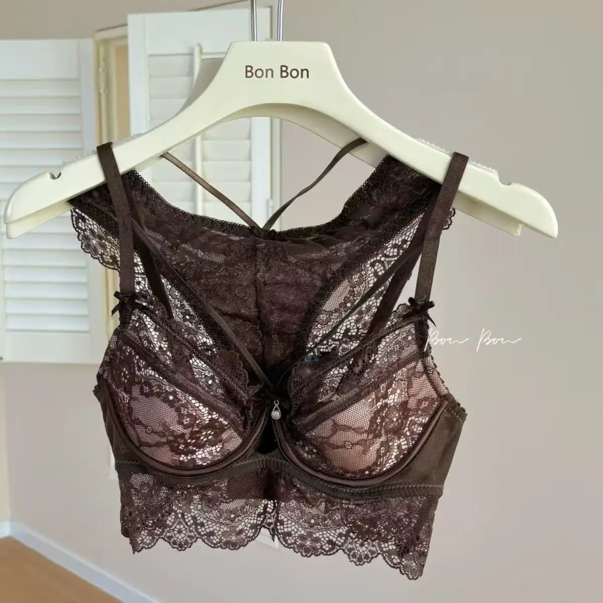 Rich Chocolate Brown Longline Floral Lace Underwire Bra Set