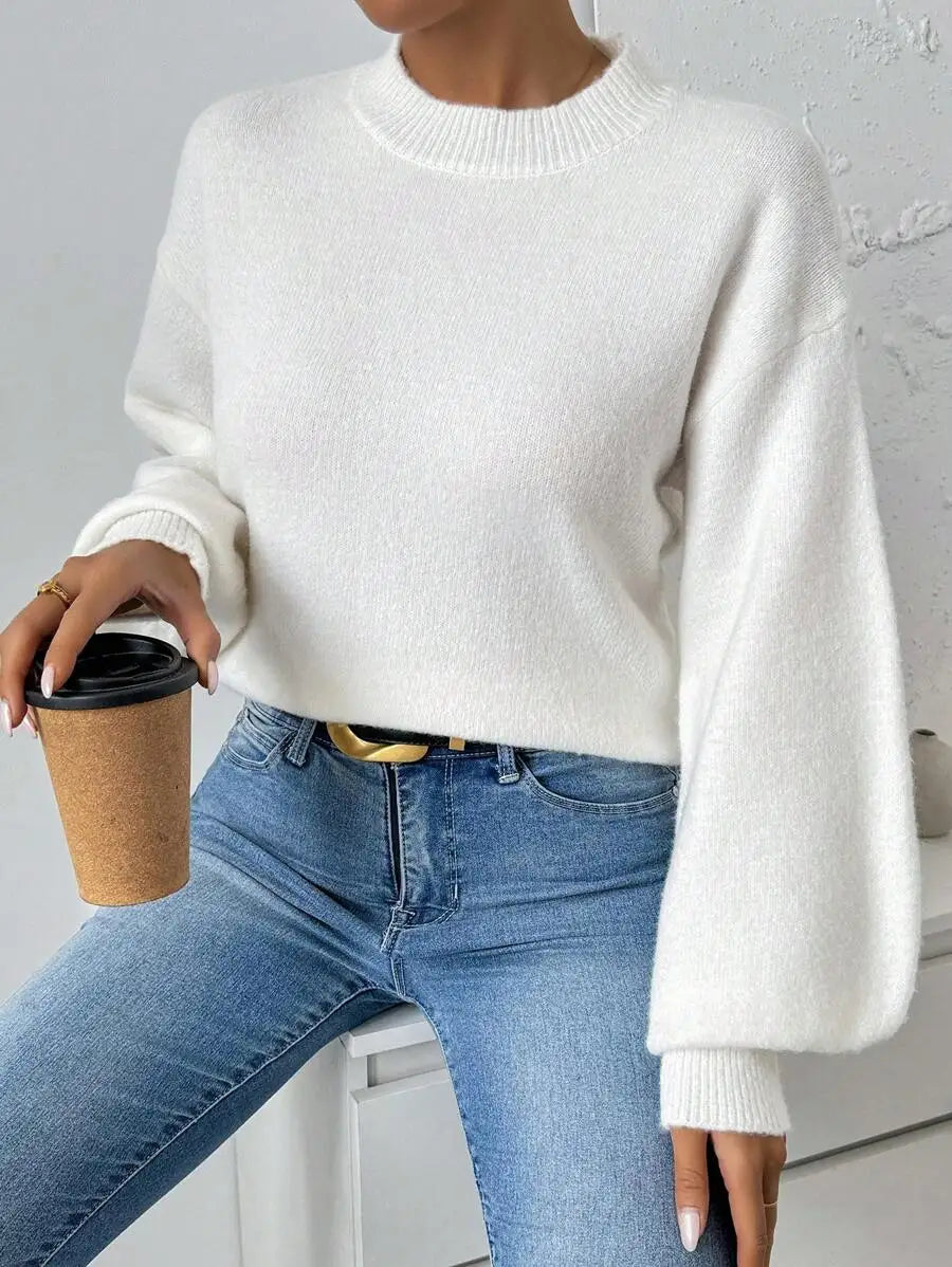 Women's Minimalist Crew Neck Relaxed Knit Pullover Sweater With Oversized Silhouette
