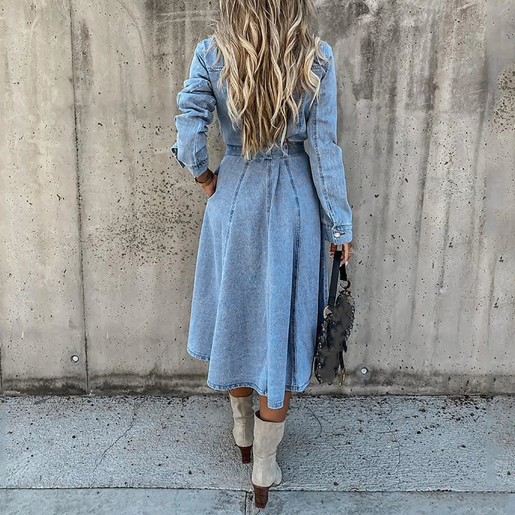 Button Front Denim Midi Dress with Belted Waist and Long Sleeves
