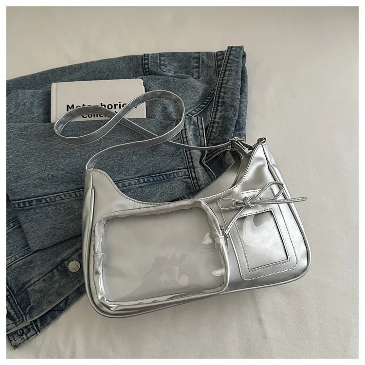 Structured Display Window Shoulder Bag with Zip Closure Design