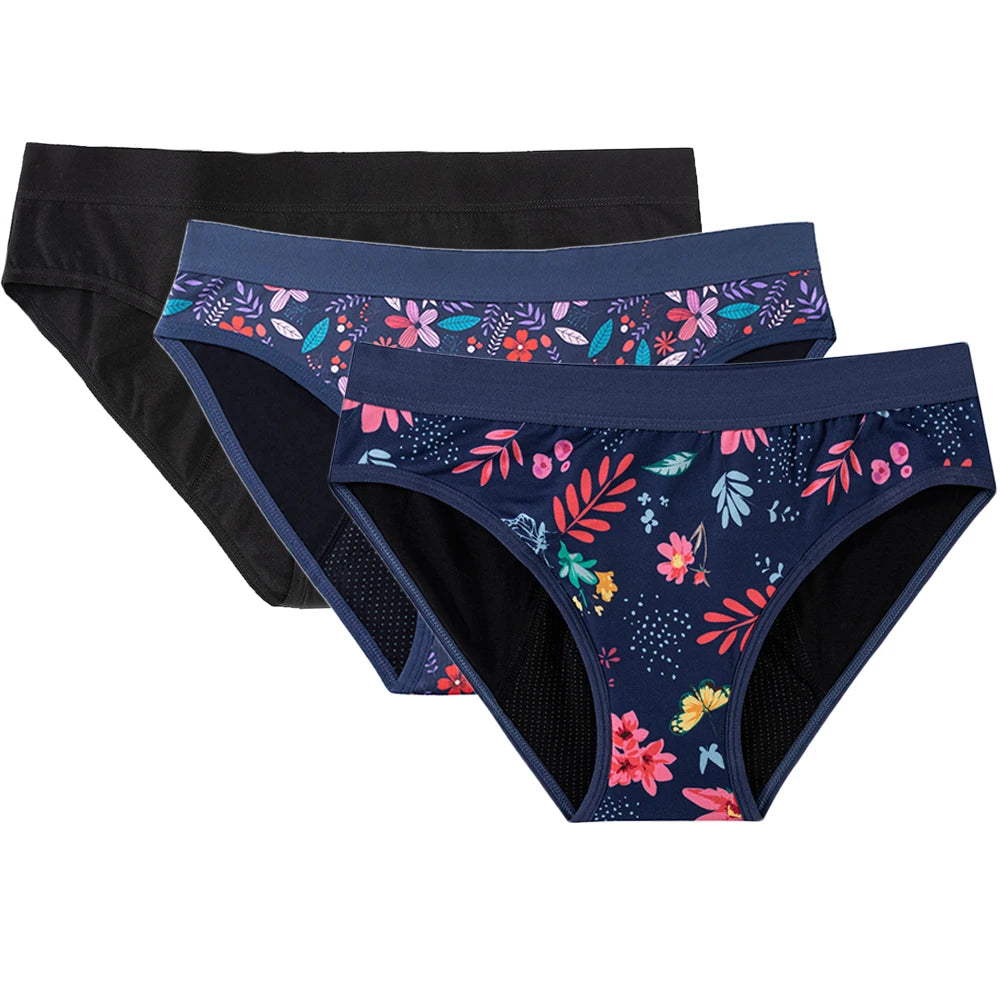 Three-Piece Floral Print Menstrual Brief Set with Contrast Waistbands