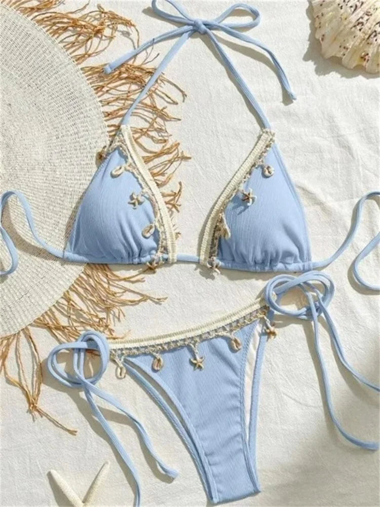 Earthy Olive Green Triangle String Bikini with Crochet and Shell Trim Details