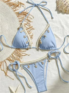 Earthy Olive Green Triangle String Bikini with Crochet and Shell Trim Details