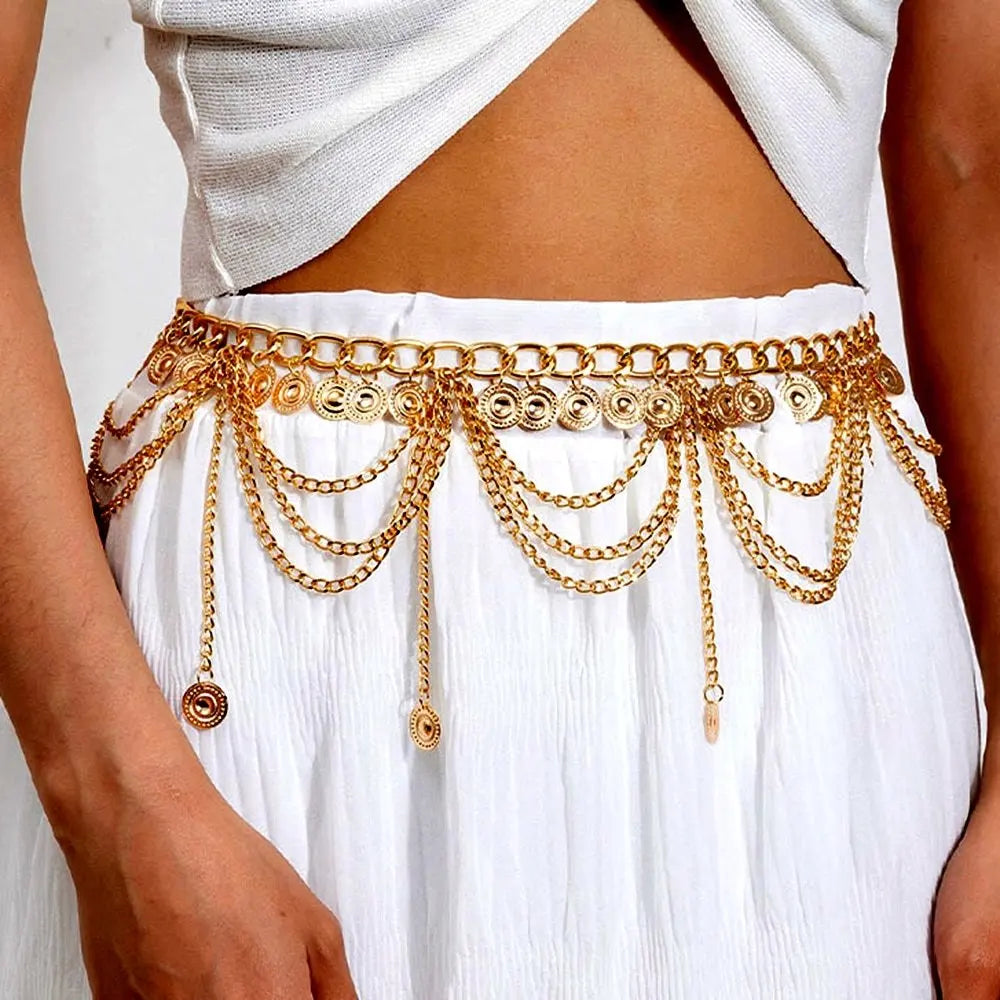 Bohemian Layered Coin Tassel Waist Chain Belt for Festival and Statement Styling