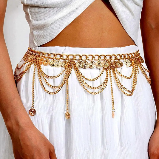 Bohemian Layered Coin Tassel Waist Chain Belt for Festival and Statement Styling