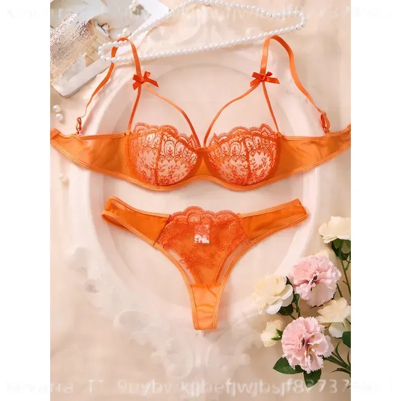 Vibrant Citrus Orange Floral Lace Push-Up Bra and Matching Thong Set