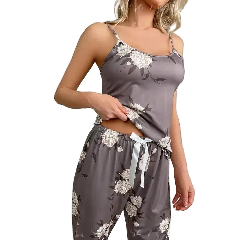Floral Camisole and Bow-Detail Long Pants Pajama Set with Fine Straps, Coordinated Print and Elegant Relaxed Silhouette