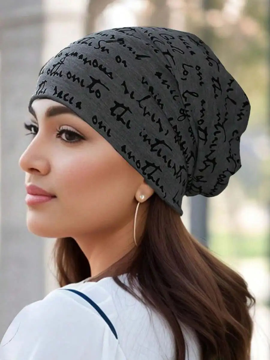 Script Pattern Polyester Knit Beanie for Contemporary Casual Streetwear Winter Everyday Fashion Style