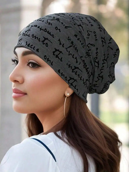 Script Pattern Polyester Knit Beanie for Contemporary Casual Streetwear Winter Everyday Fashion Style