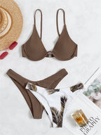 Three-Piece Underwire Bikini Set with Solid and Palm Print Bottom Options