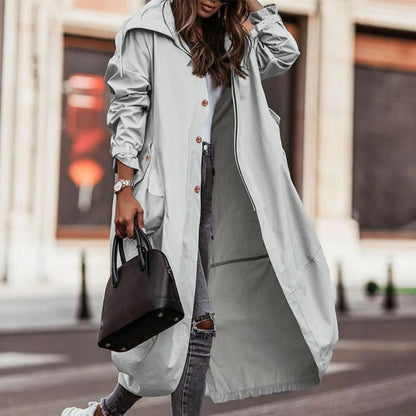 Women's Oversized Hooded Longline Trench Coat with Button Front Casual Streetwear Outerwear