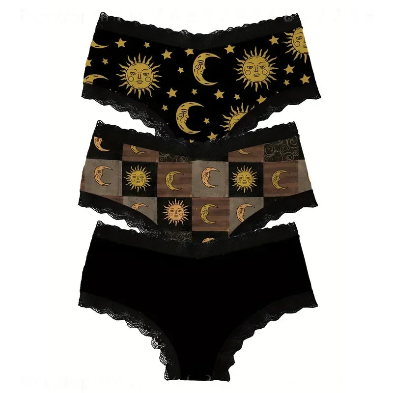 Women’s Black and Gold Lace Briefs with Celestial Sun and Moon-Inspired Details, Decorative Waistband and Alternative Style