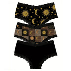 Women’s Black and Gold Lace Briefs with Celestial Sun and Moon-Inspired Details, Decorative Waistband and Alternative Style