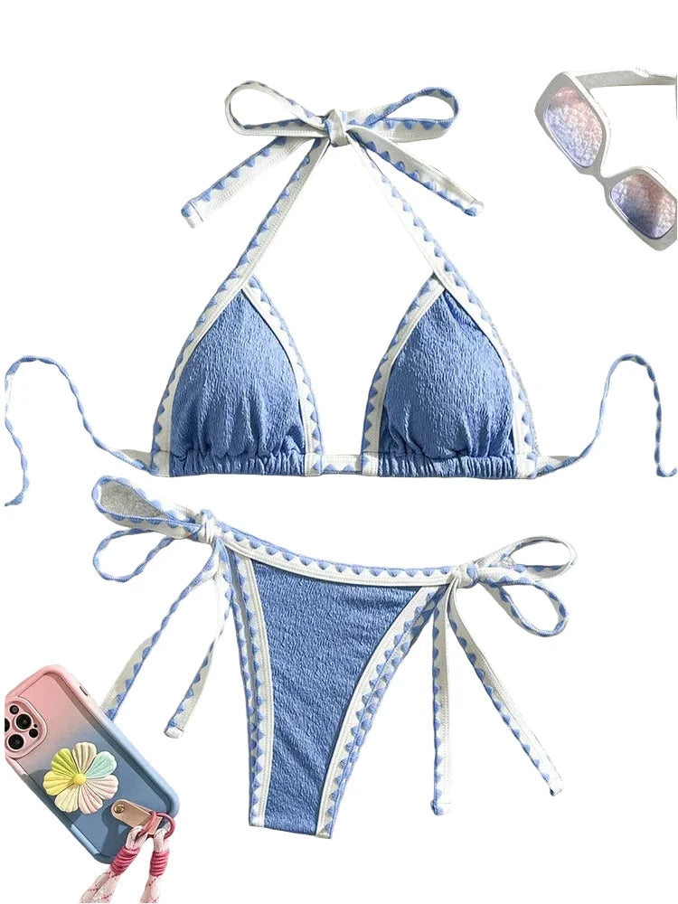 Light Blue Textured Triangle String Bikini with Delicate Ruffled Trim