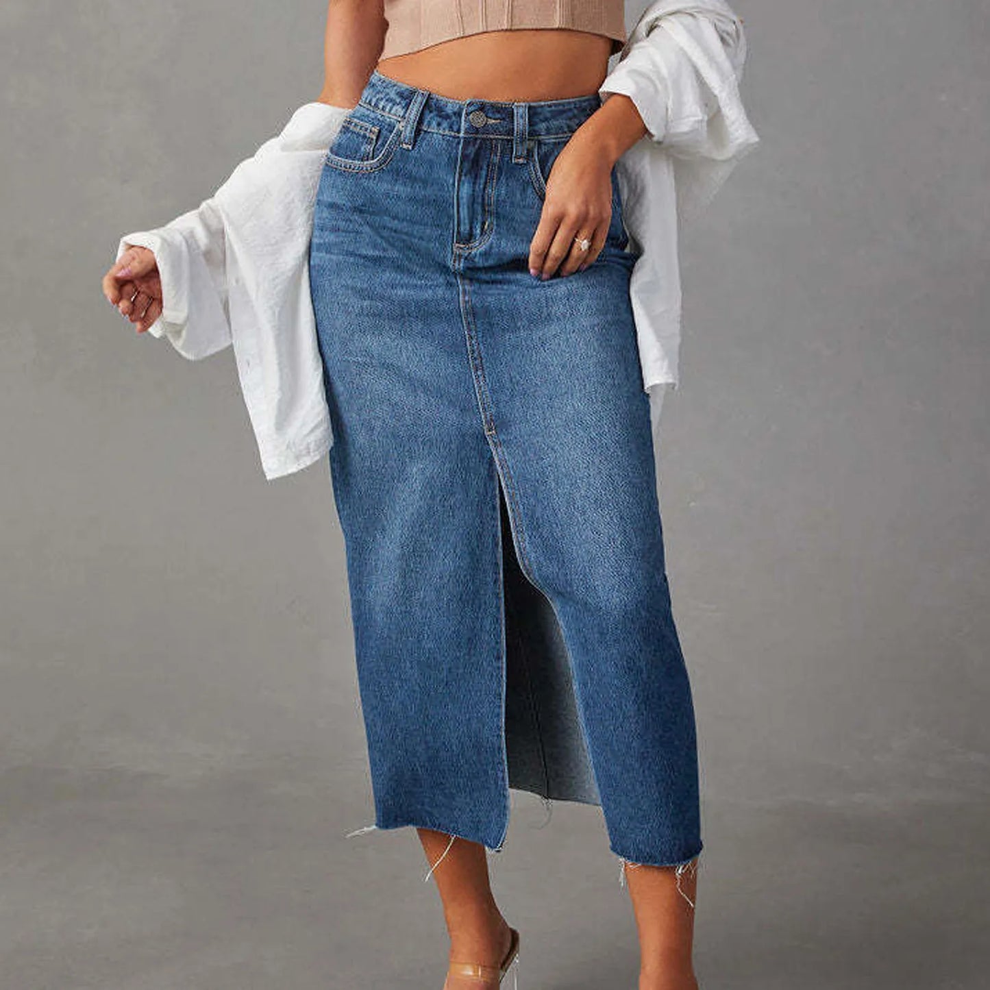 High Waist Denim Midi Skirt with Front Slit Casual Contemporary Everyday Fashion