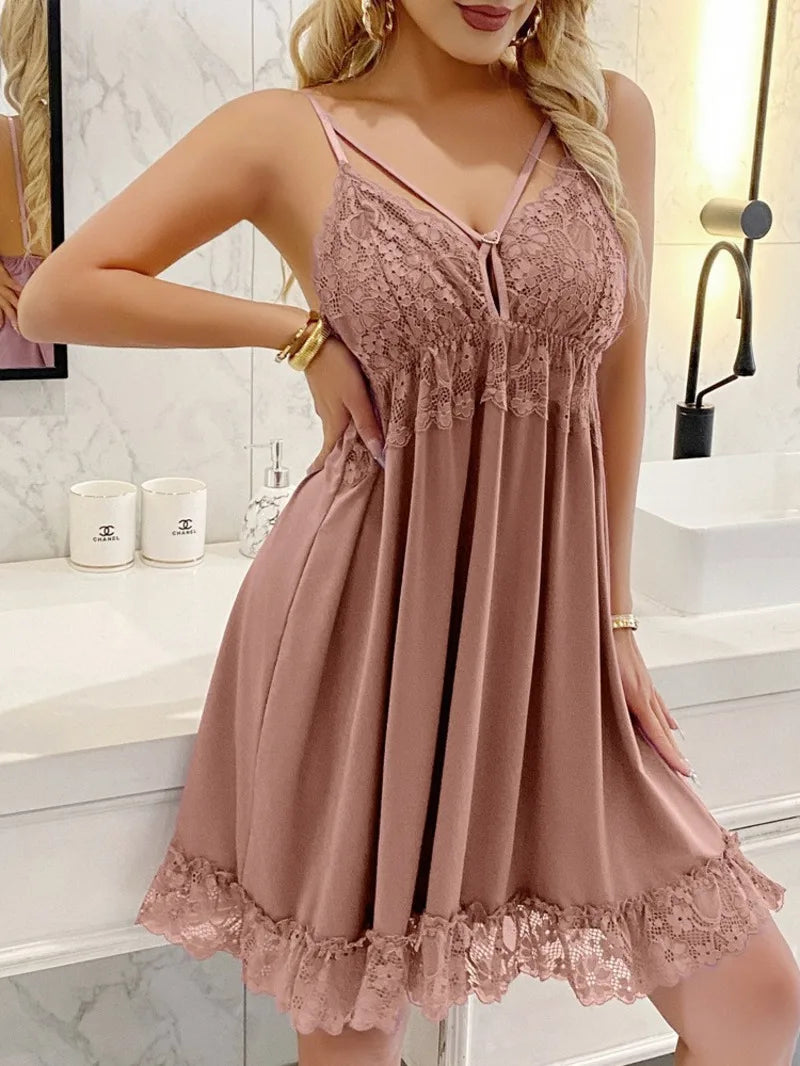 Crimson Red Lace Bodice Chemise with V-Neckline and Ruffled Hem