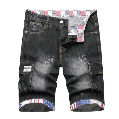 Men's Loose Fit Washed Denim Shorts with Distressed Finish and Casual Streetwear Style