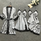 Women's Satin-Look Lace Lingerie Nightgown Set with Matching Robe, Sleeveless Mini Dress and Decorative Garter-Style Detail