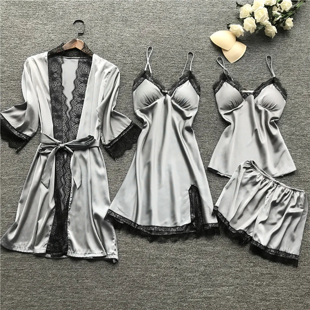 Women's Satin-Look Lace Lingerie Nightgown Set with Matching Robe, Sleeveless Mini Dress and Decorative Garter-Style Detail