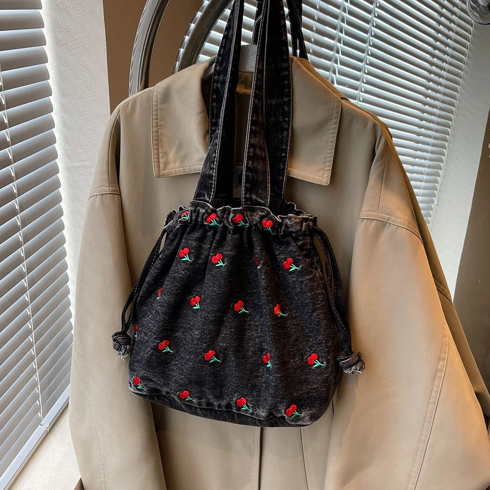 Denim Drawstring Hobo Tote Bag with Embroidered Detail Everyday Carry Design