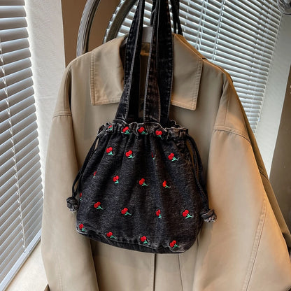 Denim Drawstring Hobo Tote Bag with Embroidered Detail Everyday Carry Design