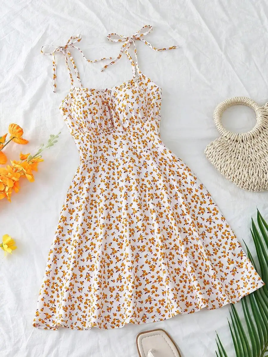 Floral Print Tie Strap A-Line Mini Dress with Lightweight Summer Silhouette