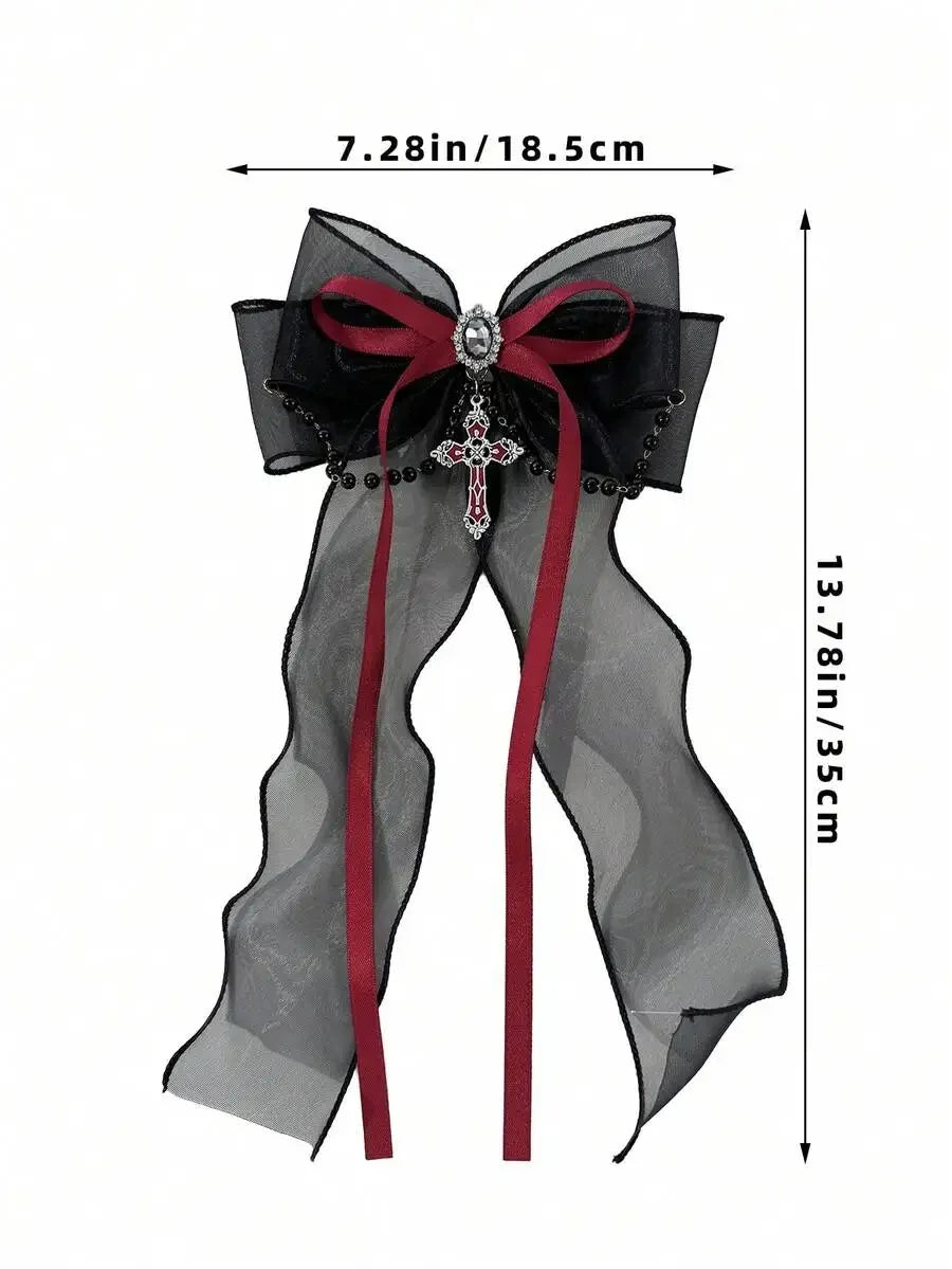 Gothic Mesh Bow Hair Clip With Cross Charm Alternative Statement Accessory