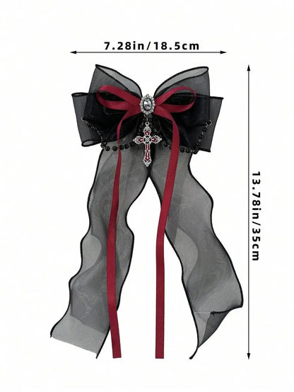 Gothic Mesh Bow Hair Clip With Cross Charm Alternative Statement Accessory