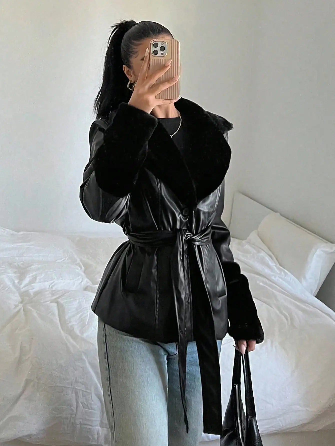 Belted Faux Leather Trim Wrap Jacket with Contemporary Streetwear Styling